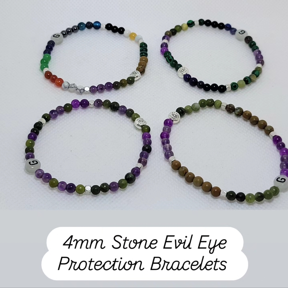 EVIL EYE 4MM HANDMADE STONE PROTECTION BRACELETS FOR 6-7" WRISTS.